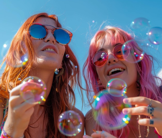 Two best friends blowing bubbles outdoors enjoying a sunny day with smiles and joy