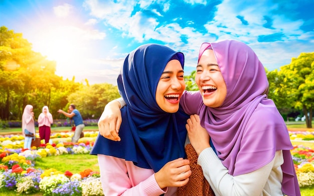 Two best friends in vibrant burqas and hijabs a heartwarming illustration of Friendship Day park