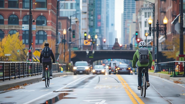 Two bikers ride down a city street with traffic going in the opposite direction The bikers are wearing helmets and backpacks