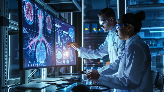 Two Bioengineers Working With ComputerPowered VFX Hologram Of Human Body And Organs In Futuristic Lab Man And Woman Researching Blood Flow Developing Innovative Healthcare Solutions