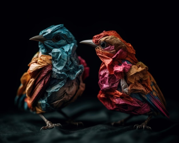 Two birds are made of paper with different colors