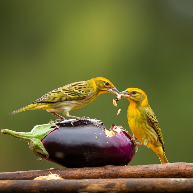 two birds are on a purple eggplant and one is eating a piece of fruit