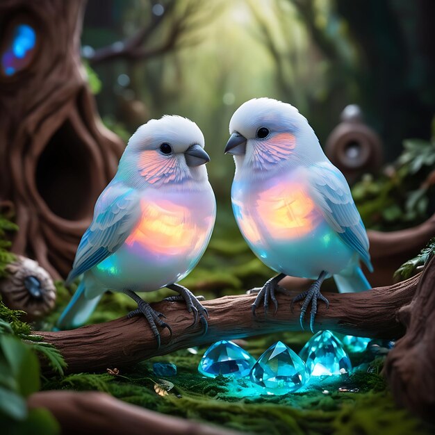 two birds are sitting on a branch with a blue and orange light in the background