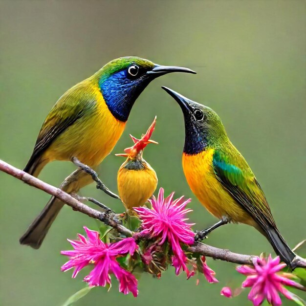 Photo two birds are sitting on a branch with flowers in the background