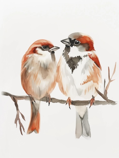 two birds are sitting on a branch with one has a red and white on it