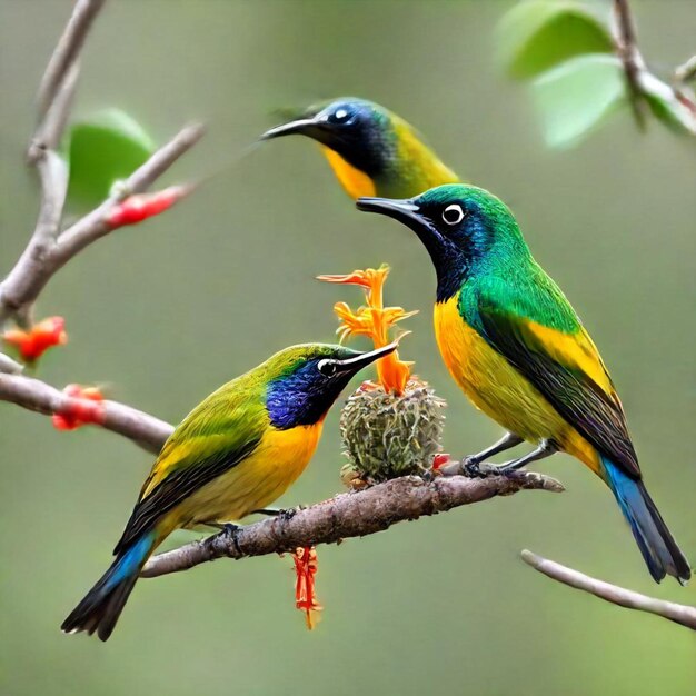 Photo two birds are sitting on a branch with one of them has a blue and green head