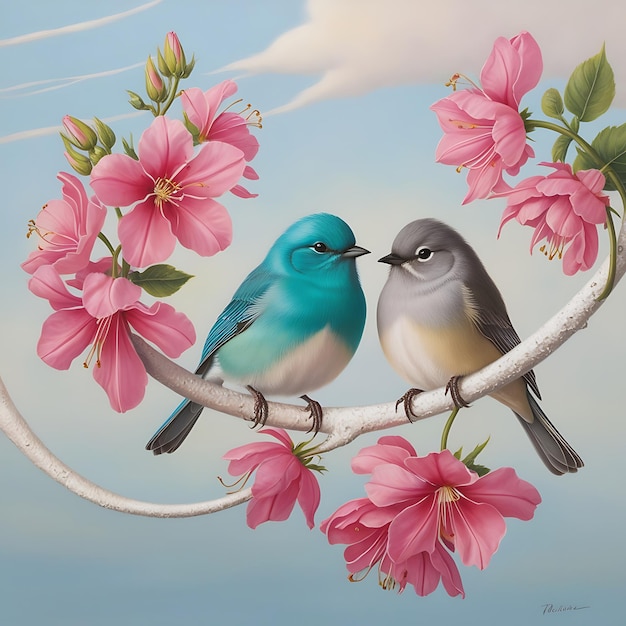 two birds are sitting on a branch with pink flowers