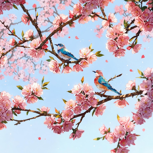 two birds are sitting on a branch with pink flowers