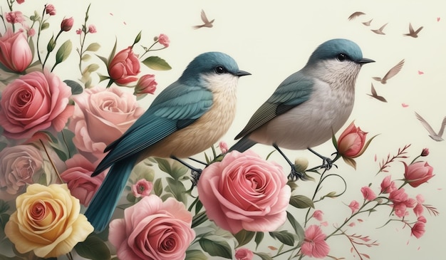 two birds are sitting on a branch with pink roses