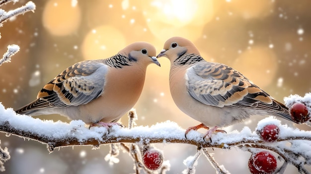 two birds are sitting on a branch with snow on them