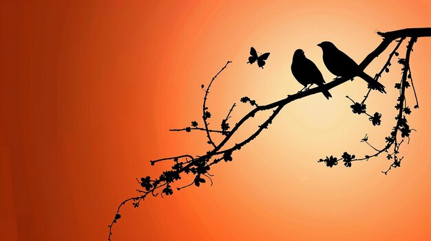 two birds are sitting on a branch with the sun behind them