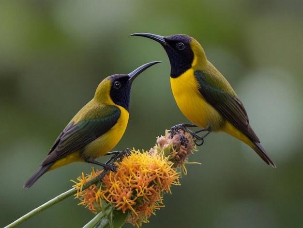 Photo two birds are sitting on a flower and one has a blue and green head