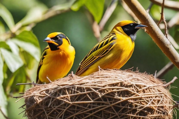 two birds are sitting in a nest one of which is yellow and black