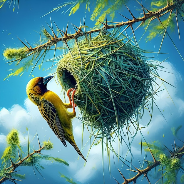 two birds are sitting on a nest with a bird in the air