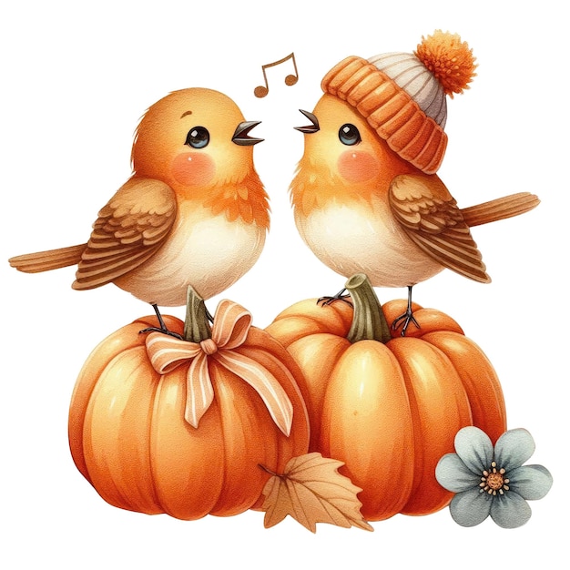 two birds are sitting on pumpkins with a hat that says the song