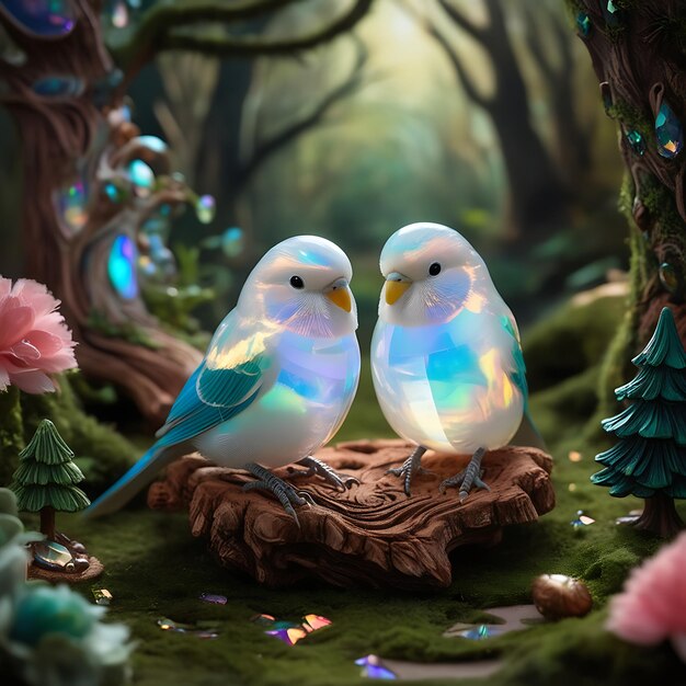 two birds are sitting on a stump with the word blue on it