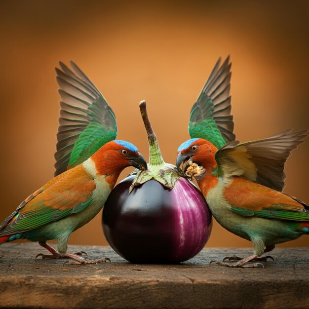 two birds are sitting on a table with a fruit that has a purple egg in the middle