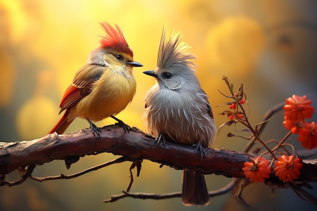 Two birds are sitting together on a branch