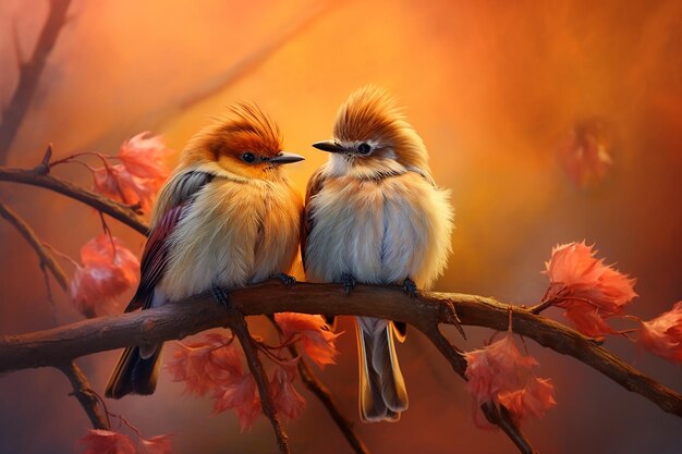 Two birds are sitting together on a branch