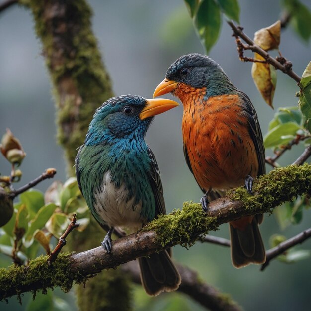 two birds are sitting on a tree branch one has a beak that says blue