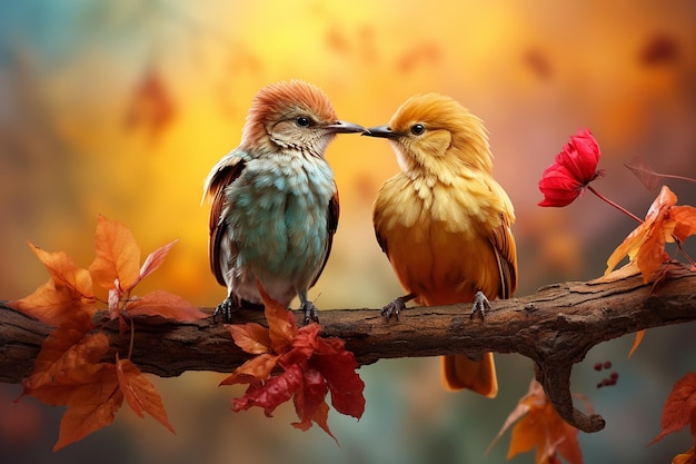 Two birds are standing on an autumn branch