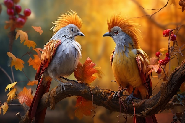 Two birds are standing on an autumn branch