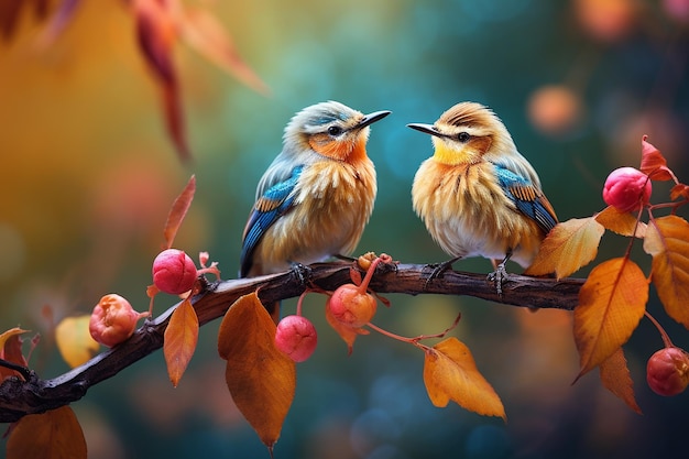 Two birds are standing on an autumn branch