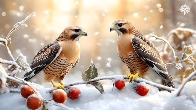 two birds are standing on a branch with a berry on it