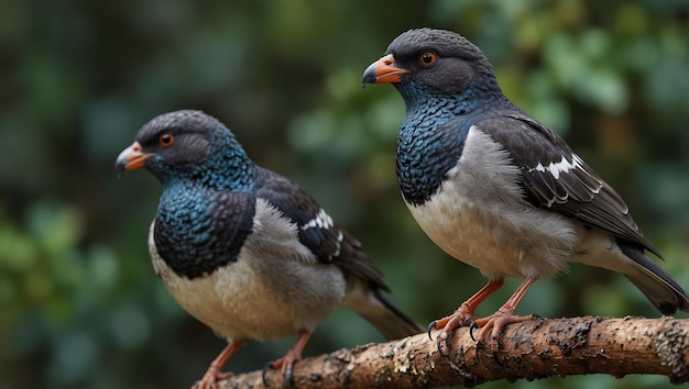 two birds are standing on a branch with one looking at the camera