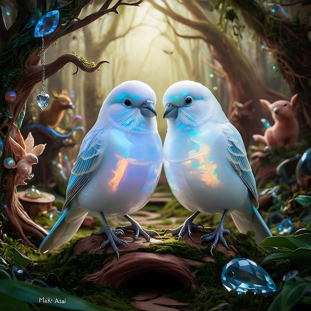 two birds are standing in a jungle with a blue and yellow light