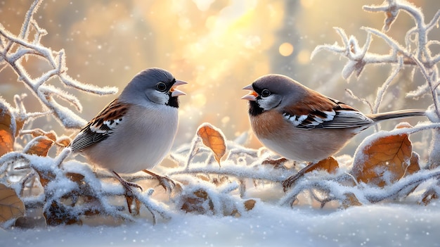 Photo two birds are standing on a snowy branch one has a yellow background