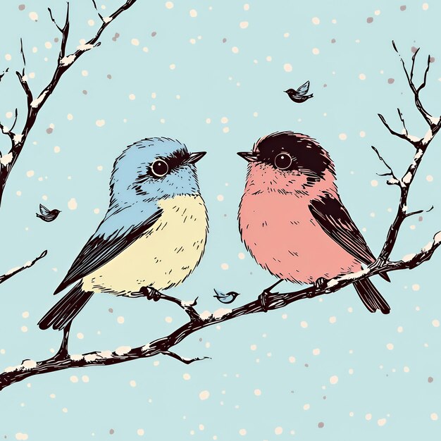 Two Birds on a Branch in Winter