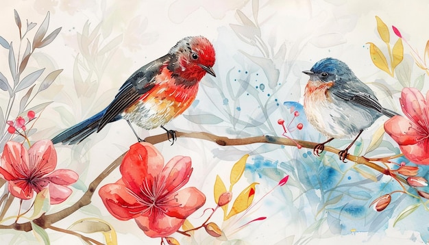 two birds on a branch with flowers and birds