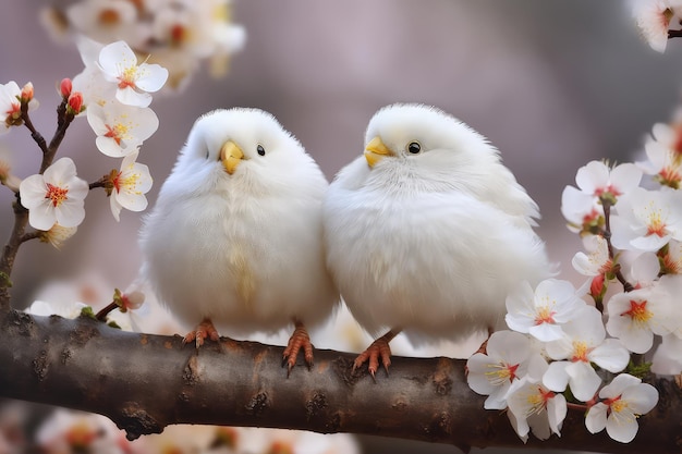 Two birds on a branch with flowers