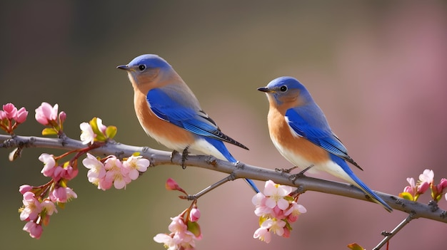 Two birds on a branch with pink flowers