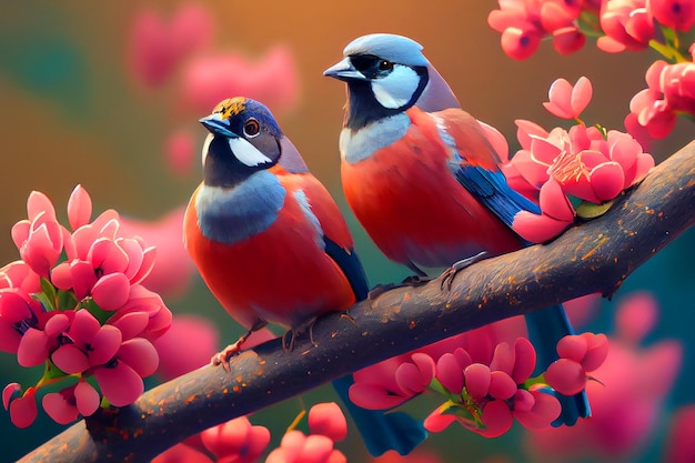 Two birds on a branch with pink flowers