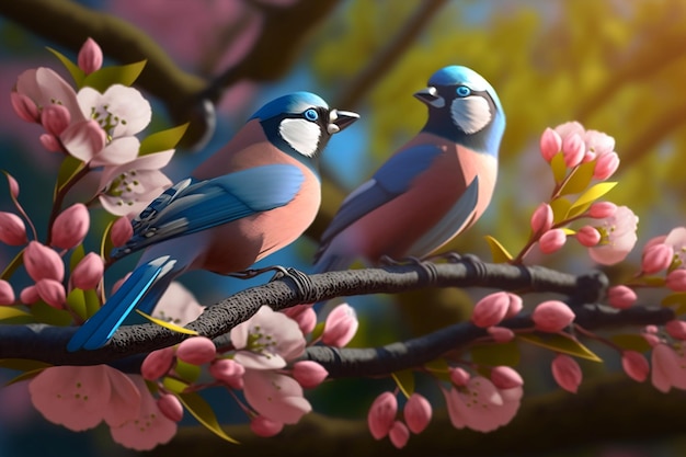 Two birds on a branch with pink flowers