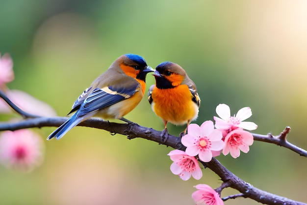 Two birds on a branch with pink flowers