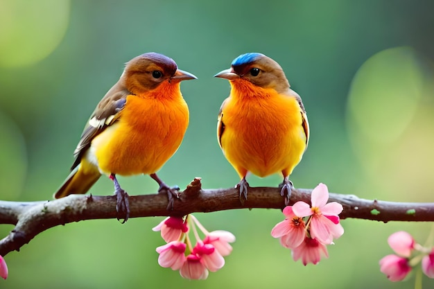 Two birds on a branch with pink flowers