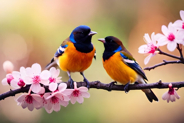 Two birds on a branch with pink flowers