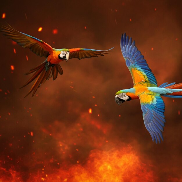 Photo two birds flying in front of a background of fire and flames