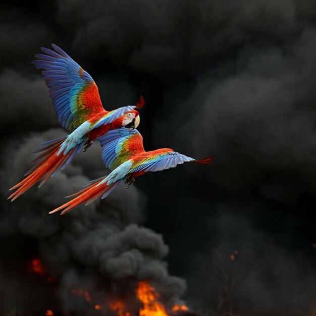 Photo two birds flying in front of a fire with smoke in the background