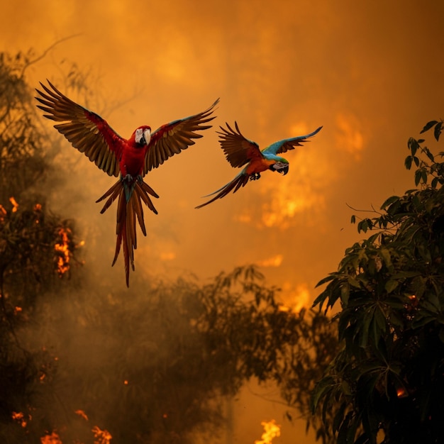 two birds flying in the sky with smoke in the background