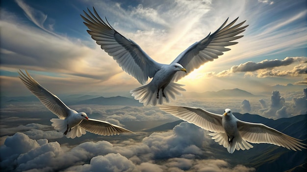 two birds flying in the sky with the sun behind them