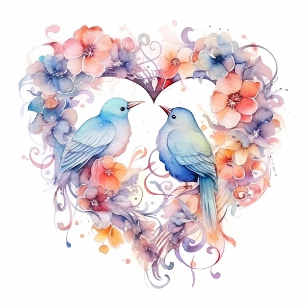 Two birds in a heart shape with flowers