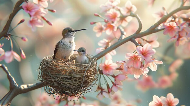 Photo two birds nesting in a cherry blossom tree surrounded by beautiful pink flowers representing spring and new beginnings