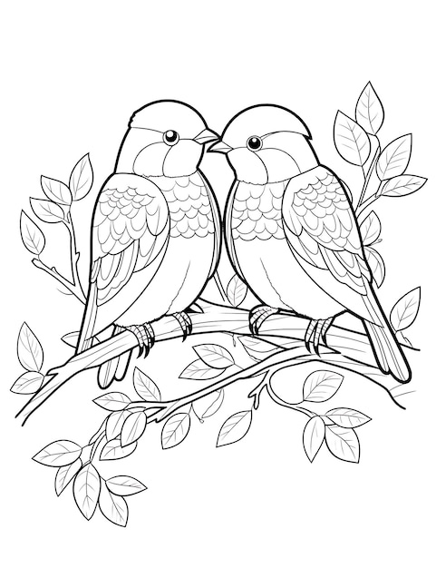 two birds sit on a branch with leaves and a drawing of a bird