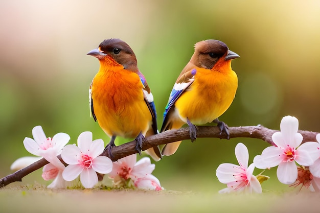 Two birds sitting on a branch with flowers in the background