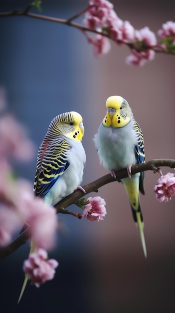 Two birds sitting on a branch with pink flowers in the background