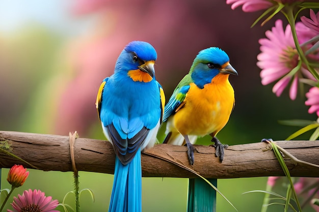 Two birds sitting on a fence with pink flowers behind them